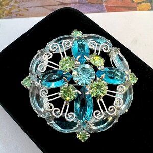 Juliana Beachy Blues and Silver Metalwork Round Brooch